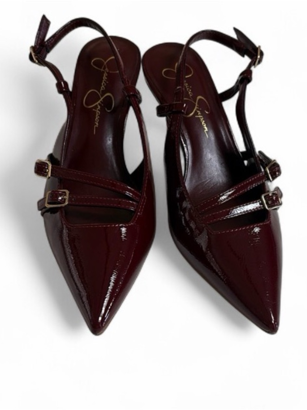 Jessica Simpson Wine Burgundy Patent Pointed-Toe Slingback Kitten Heels